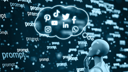 KI vor einer Prompt-Wall mit Social Media Icons