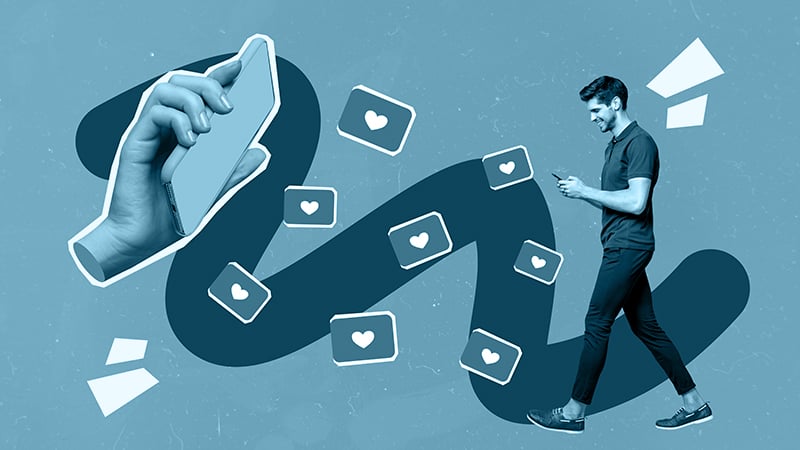 Person mit Smartphone, in Hintergrund schematische Darstellung von Likes auf Social Media