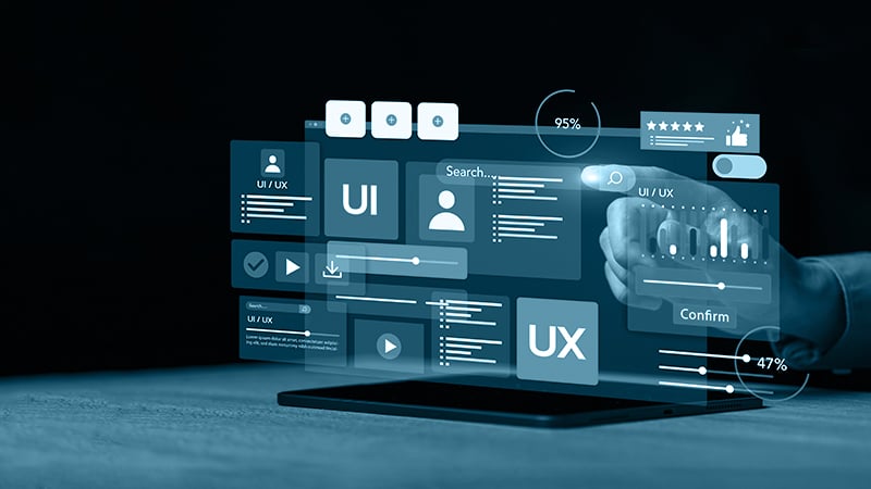 Digitale Benutzeroberfläche mit UI- und UX-Elementen, die als schwebende Hologramme dargestellt sind – Symbol für den Einsatz von KI im Designprozess