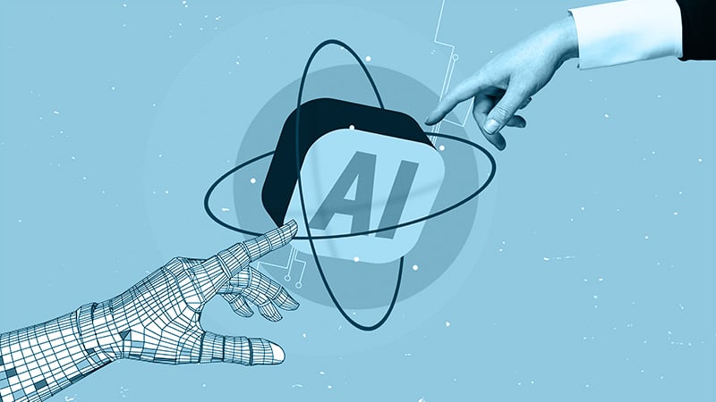 Abstrakte Illustration: Eine menschliche Hand und eine digitale Roboterhand erreichen gleichzeitig ein AI-Symbol – Darstellung der Verbindung von Kreativität und künstlicher Intelligenz