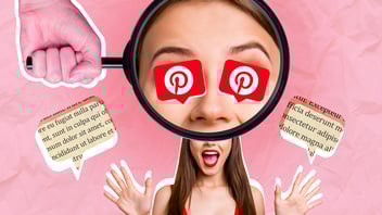 Collage einer Frau mit Pinterest-Logos in den Augen, betrachtet durch eine Lupe – kreative Darstellung der Begeisterung und Aufmerksamkeit für Pinterest als Marketingplattform.