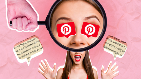 Collage einer Frau mit Pinterest-Logos in den Augen, betrachtet durch eine Lupe – kreative Darstellung der Begeisterung und Aufmerksamkeit für Pinterest als Marketingplattform.