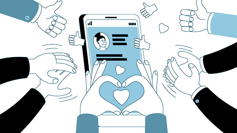 Schematische Darstellung Smartphone mit Händen, die Daumen hoch und ein Herz zeigen oder klatschen