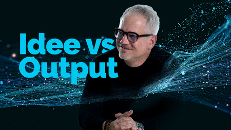Unser Autor Chris vor illustriertem Hintergrund mit der Aufschrift Idee vs Output