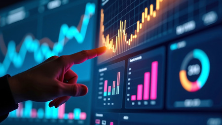 Hand zeigt auf Monitor mit Daten Dashboards