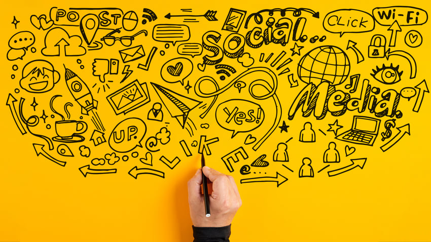 Hand zeichnet auf gelbem Hintergrund eine kreative Social-Media-Collage mit Symbolen für Posts, Likes, Nachrichten und digitale Vernetzung.