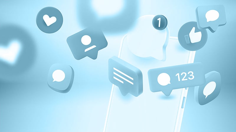 Illustration eines Smartphones mit schwebenden Social-Media-Benachrichtigungen – Symbol für digitale Informationsflut im Kontext bewusster Kommunikation.